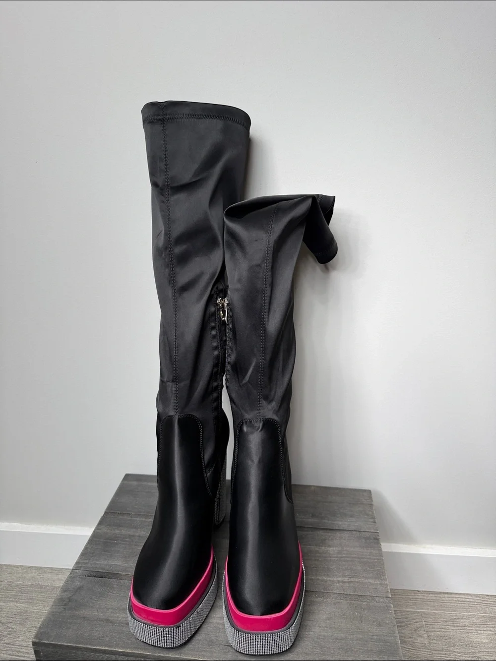 Women's Black satin Platform Boots with Pink Accent